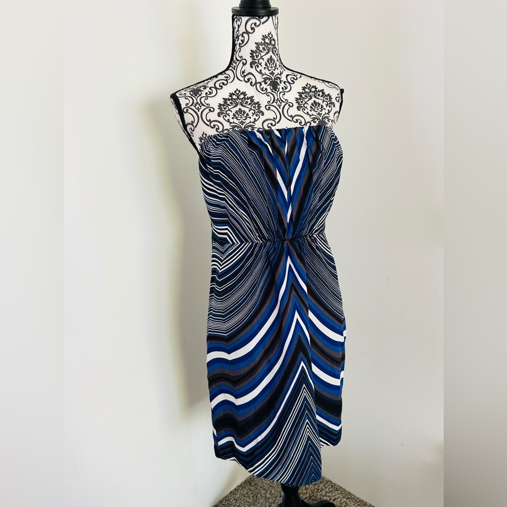 The Limited Women’s Blue Black Strapless Art Deco Geo Blouson Mini Dress